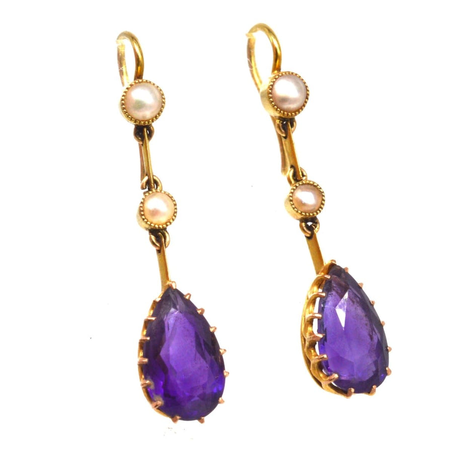 Edwardian 15ct Gold Amethyst and Split Pearl Gold Drop Earrings | Parkin and Gerrish | Antique & Vintage Jewellery