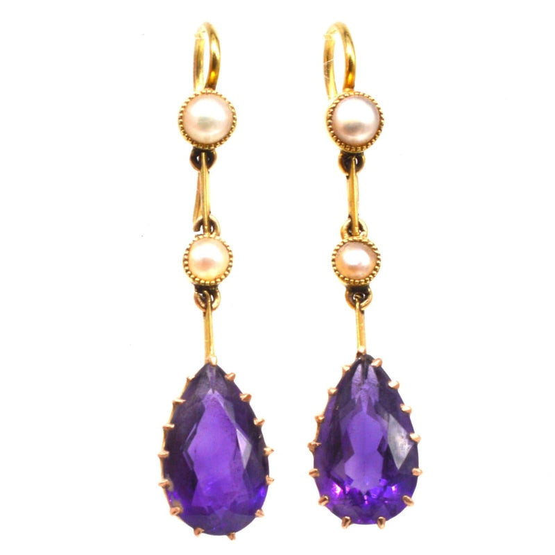 Edwardian 15ct Gold Amethyst and Split Pearl Gold Drop Earrings