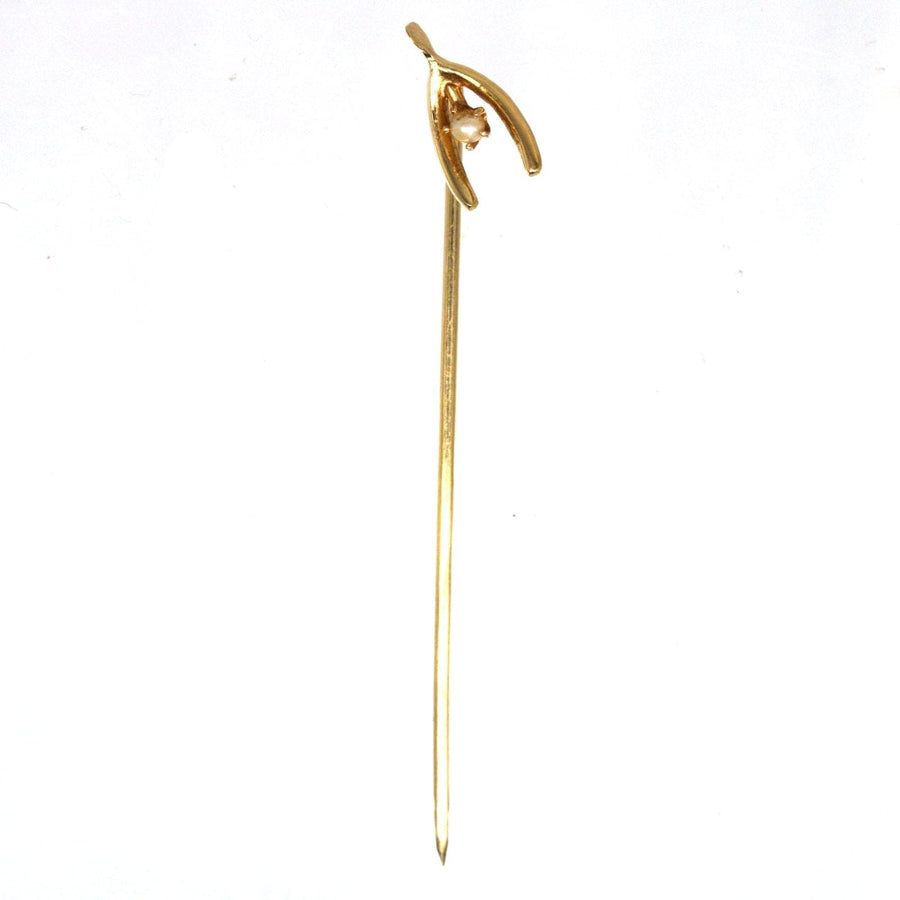 Edwardian 15ct Gold and Natural Pearl Wishbone Tie Pin | Parkin and Gerrish | Antique & Vintage Jewellery