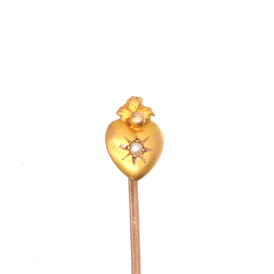 Edwardian 15ct Gold Burning Heart Tie Pin with a Pearl | Parkin and Gerrish | Antique & Vintage Jewellery