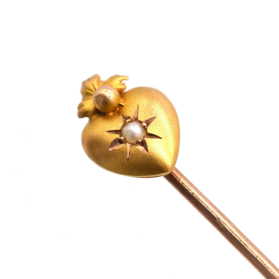 Edwardian 15ct Gold Burning Heart Tie Pin with a Pearl | Parkin and Gerrish | Antique & Vintage Jewellery