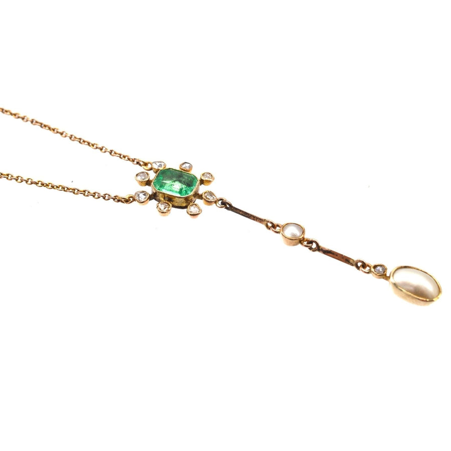 Edwardian 15ct Gold Emerald & Rose Cut Diamond Cluster and Natural Pearl Drop Pendant on 9ct Gold Chain | Parkin and Gerrish | Antique & Vintage Jewellery