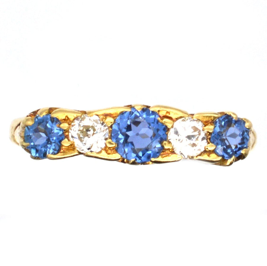 Edwardian 15ct Gold, Half Carved Half Hoop, Cornflower Sapphire and Diamond Five Stone Ring | Parkin and Gerrish | Antique & Vintage Jewellery