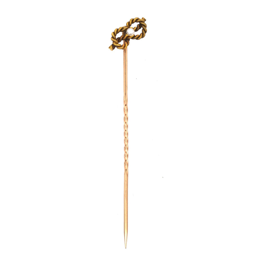 Edwardian 15ct Gold, Lovers Knot & Natural Pearl Tie Pin | Parkin and Gerrish | Antique & Vintage Jewellery