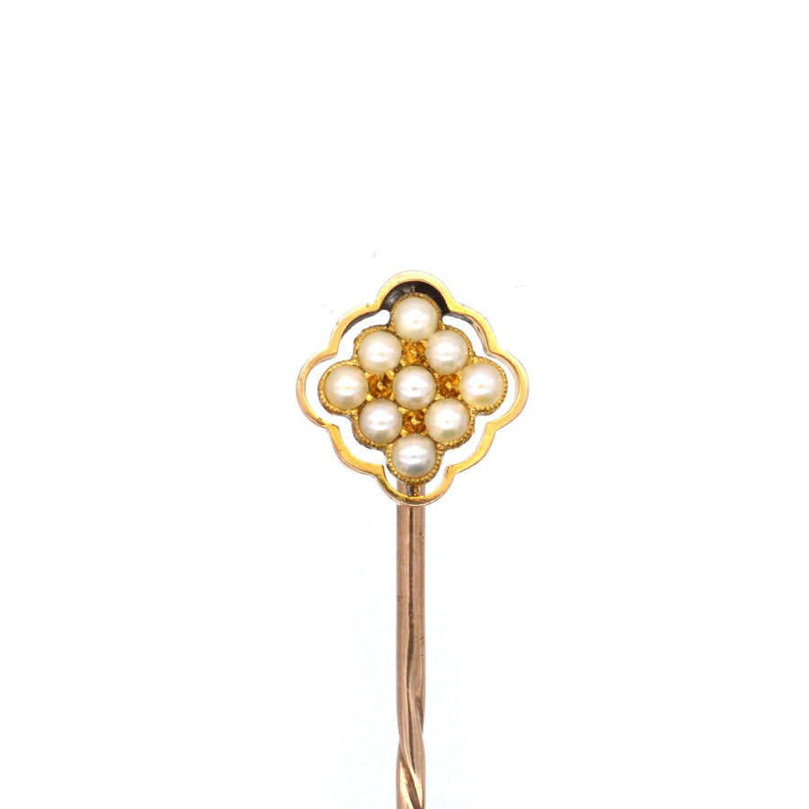 Edwardian 15ct Gold Natural Split Pearl Diamond-Shaped Cluster Tie Pin | Parkin and Gerrish | Antique & Vintage Jewellery