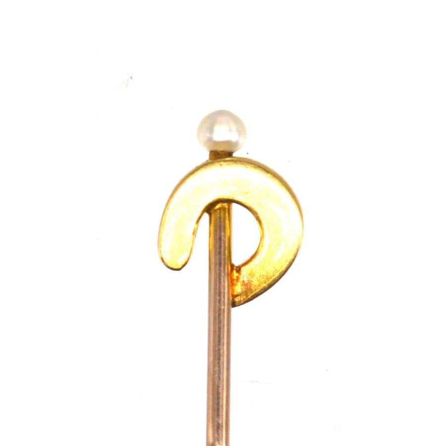 Edwardian 15ct Gold Pearl Horseshoe Tie Pin with a Natural Pearl on Top | Parkin and Gerrish | Antique & Vintage Jewellery