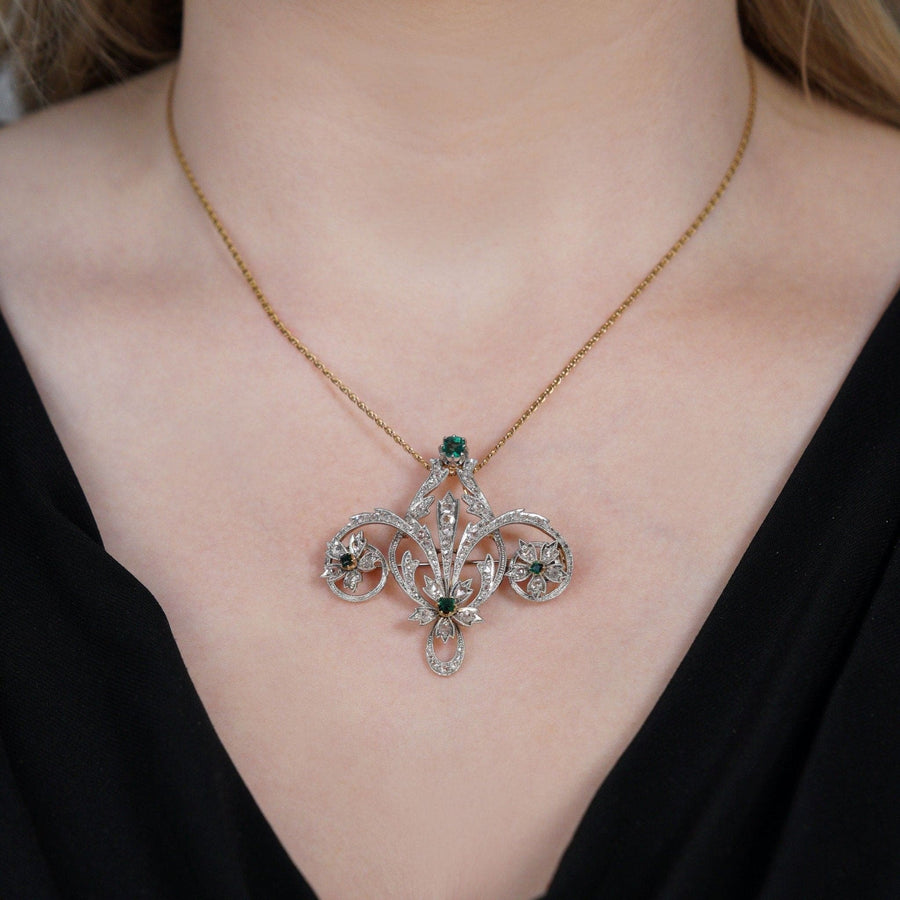 Edwardian 15ct Gold & Platinum, Emerald & Rose Diamond Brooch & Pendant | Parkin and Gerrish | Antique & Vintage Jewellery