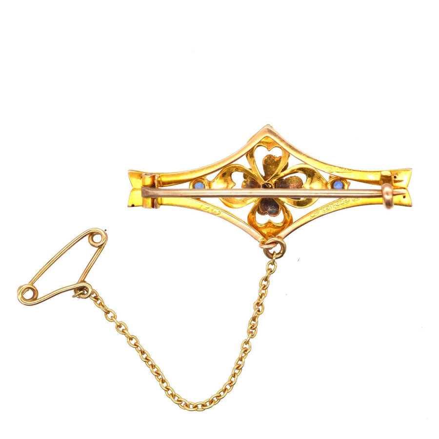 Edwardian 15ct Gold, Sapphire & Diamond Flower Bar Brooch | Parkin and Gerrish | Antique & Vintage Jewellery