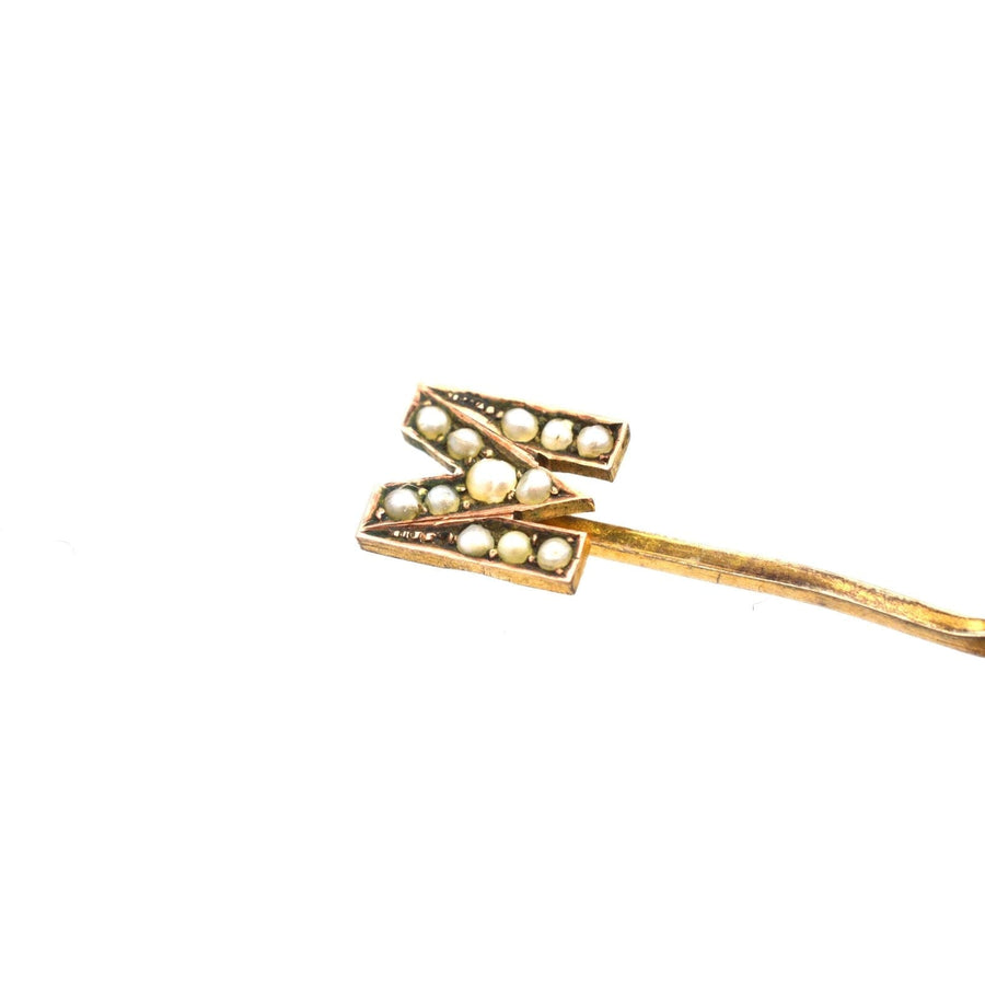 Edwardian 15ct Gold, Seed Pearl Letter 'M' Tie Pin | Parkin and Gerrish | Antique & Vintage Jewellery