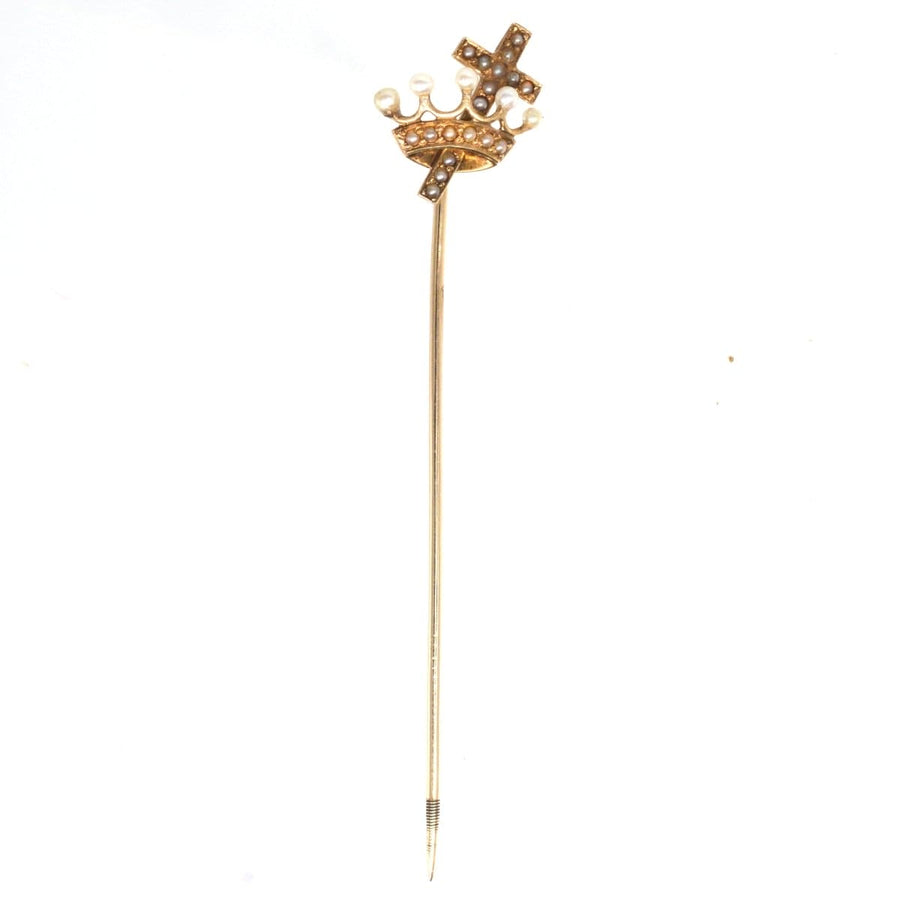Edwardian 15ct Gold & Seed Pearl Tie Pin of a Cross and a Crown | Parkin and Gerrish | Antique & Vintage Jewellery