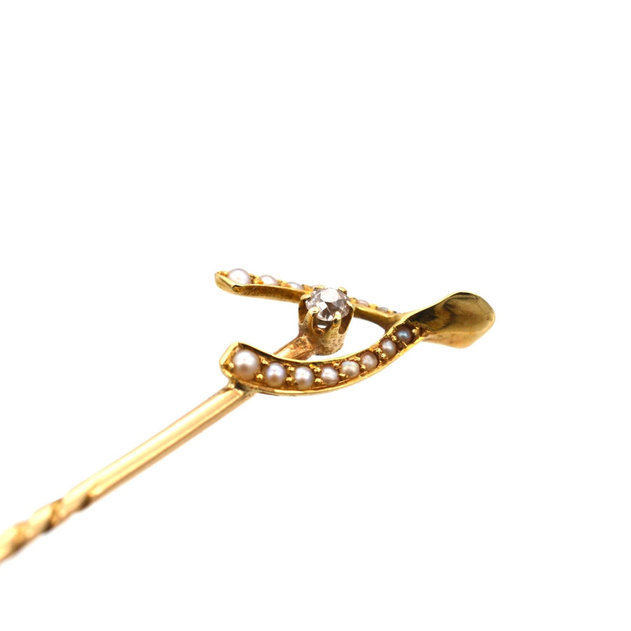 Edwardian 15ct Gold, Seed pearls & Diamond Wishbone Tie Pin | Parkin and Gerrish | Antique & Vintage Jewellery
