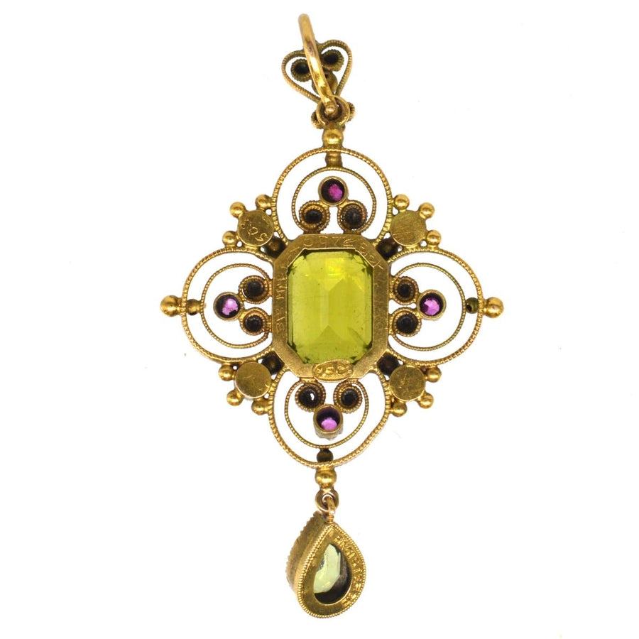 Edwardian 15ct Gold Suffragette Pendant with Peridot, Pearls and Rubies | Parkin and Gerrish | Antique & Vintage Jewellery