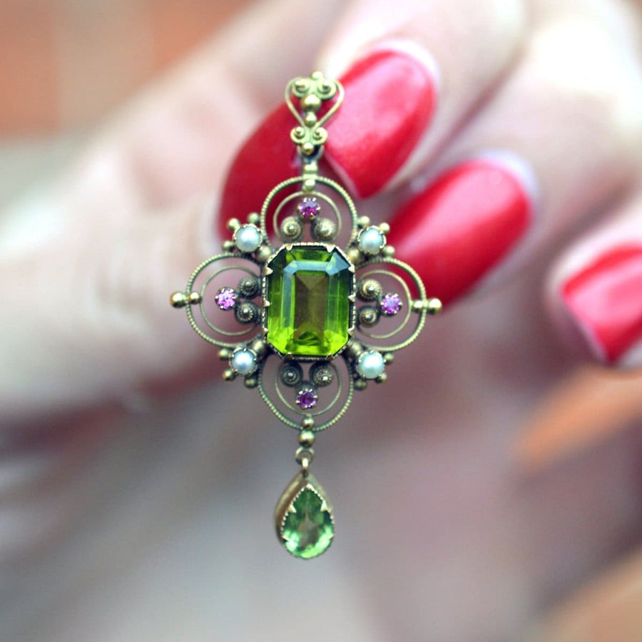 Edwardian 15ct Gold Suffragette Pendant with Peridot, Pearls and Rubies | Parkin and Gerrish | Antique & Vintage Jewellery