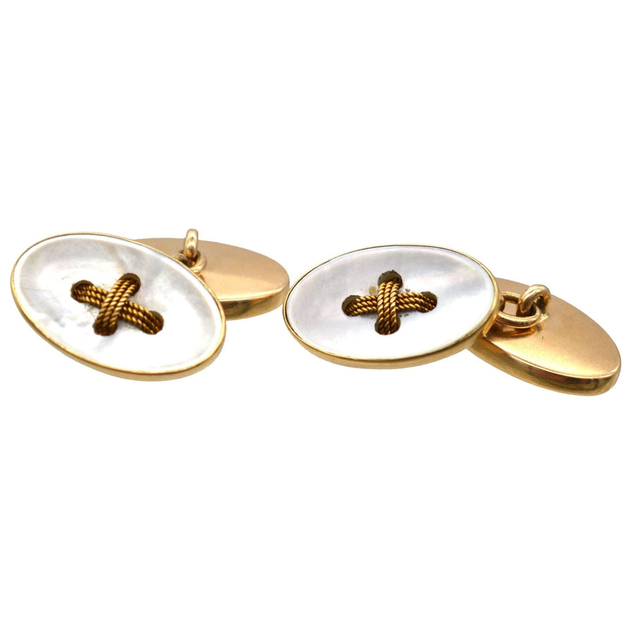 Edwardian 18ct Gold and Mother of Pearl Oval Button Cufflinks | Parkin and Gerrish | Antique & Vintage Jewellery