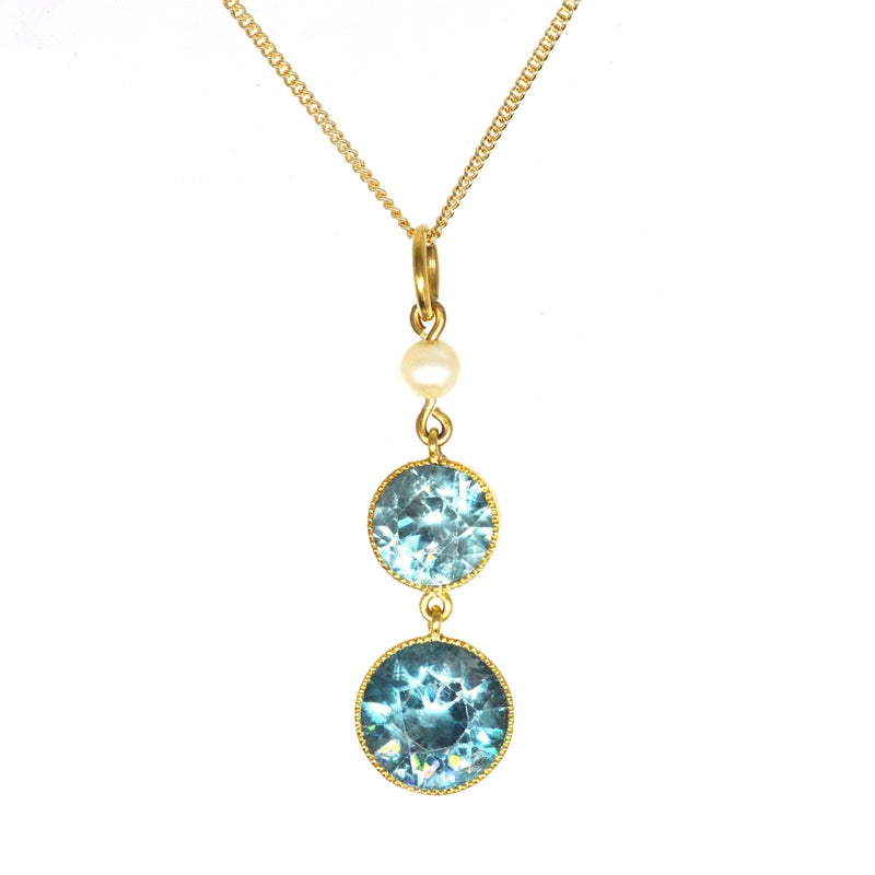 Edwardian 18ct Gold Blue Zircon Drop Pendant with Pearl on 9ct Gold Chain
