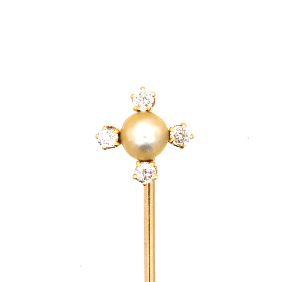 Edwardian 18ct Gold, Diamond & Natural Pearl Tie Pin | Parkin and Gerrish | Antique & Vintage Jewellery
