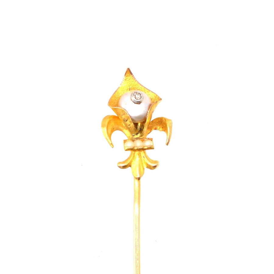 Edwardian 18ct Gold, Fleur de lys Pearl and Diamond Tie Pin | Parkin and Gerrish | Antique & Vintage Jewellery