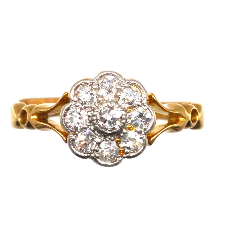 Edwardian 18ct Gold Old Mine Cut Diamond Cluster Ring with Decorated Shoulders | Parkin and Gerrish | Antique & Vintage Jewellery