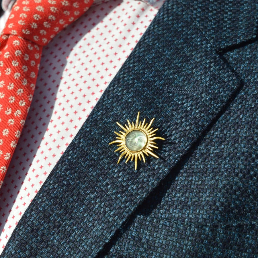 Edwardian 18ct Gold Opalescent Glass Man in the Moon Sunburst Brooch | Parkin and Gerrish | Antique & Vintage Jewellery