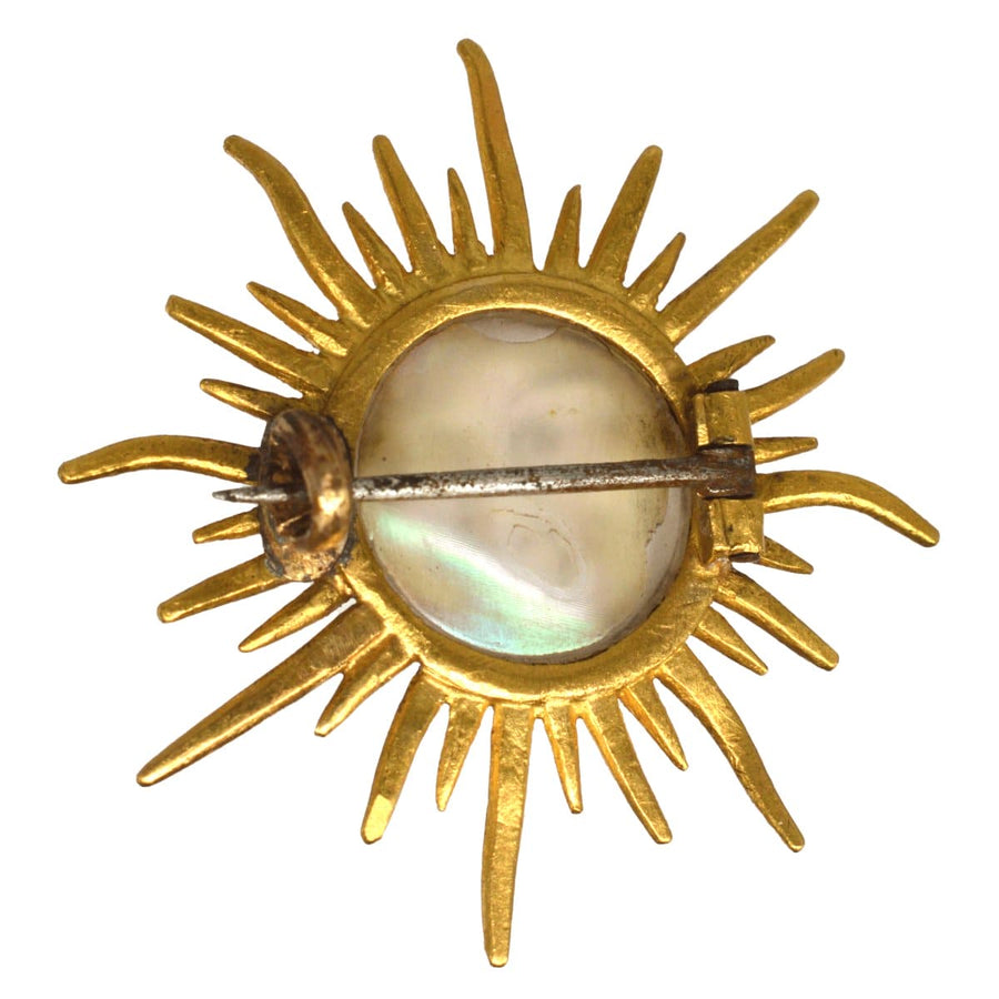 Edwardian 18ct Gold Opalescent Glass Man in the Moon Sunburst Brooch | Parkin and Gerrish | Antique & Vintage Jewellery