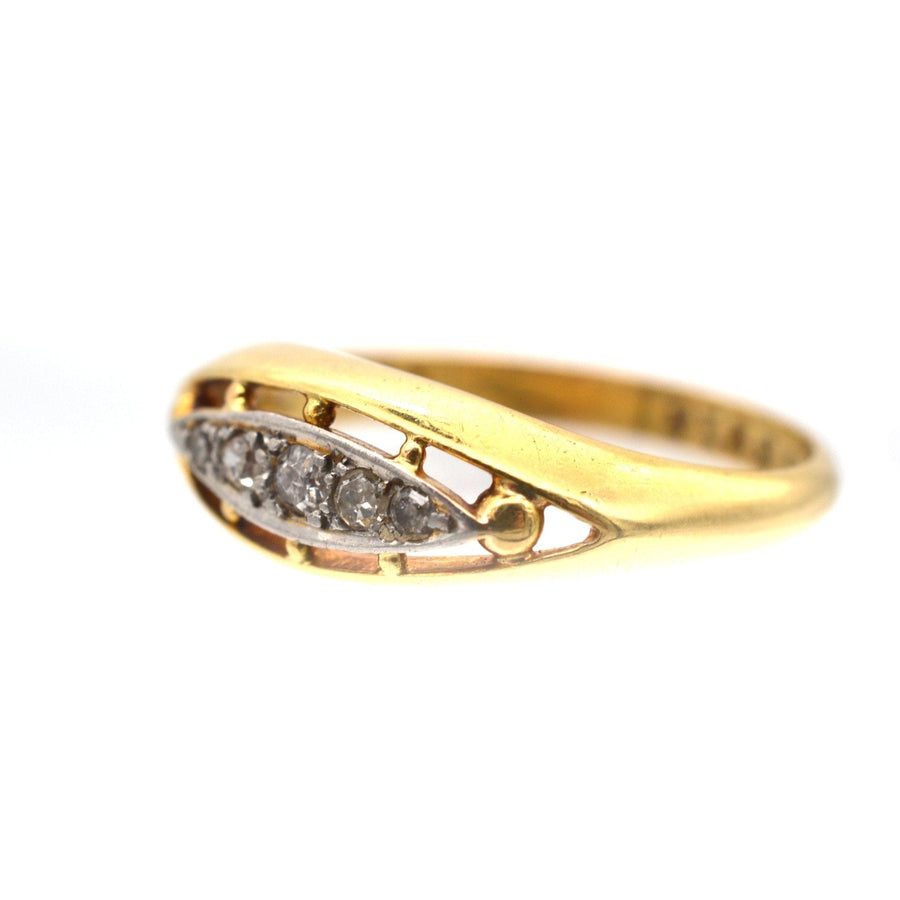 Edwardian 18ct Gold & Platinum, Five Stone Diamond Boat Shaped Ring | Parkin and Gerrish | Antique & Vintage Jewellery