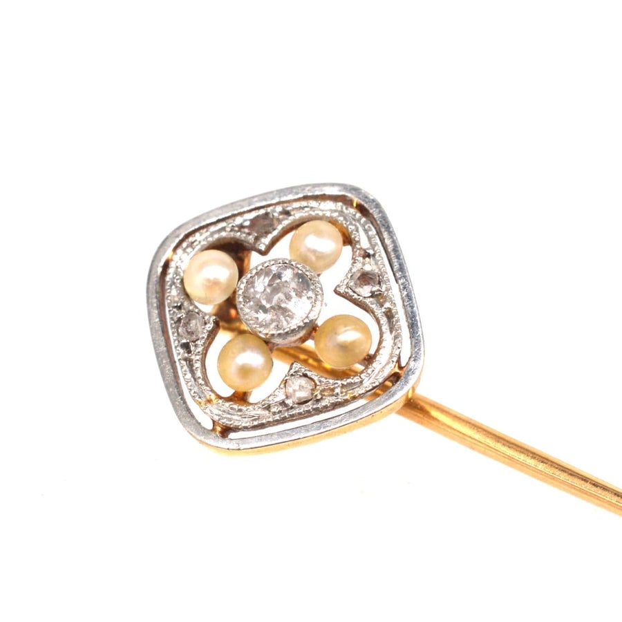 Edwardian 18ct Gold & Platinum, Pearl and Diamond Tie Pin | Parkin and Gerrish | Antique & Vintage Jewellery