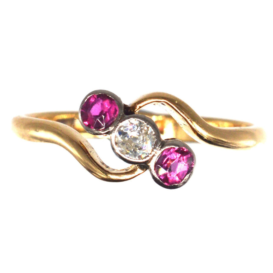 Edwardian 18ct Gold & Platinum, Ruby and Diamond Three Stone Crossover Ring | Parkin and Gerrish | Antique & Vintage Jewellery