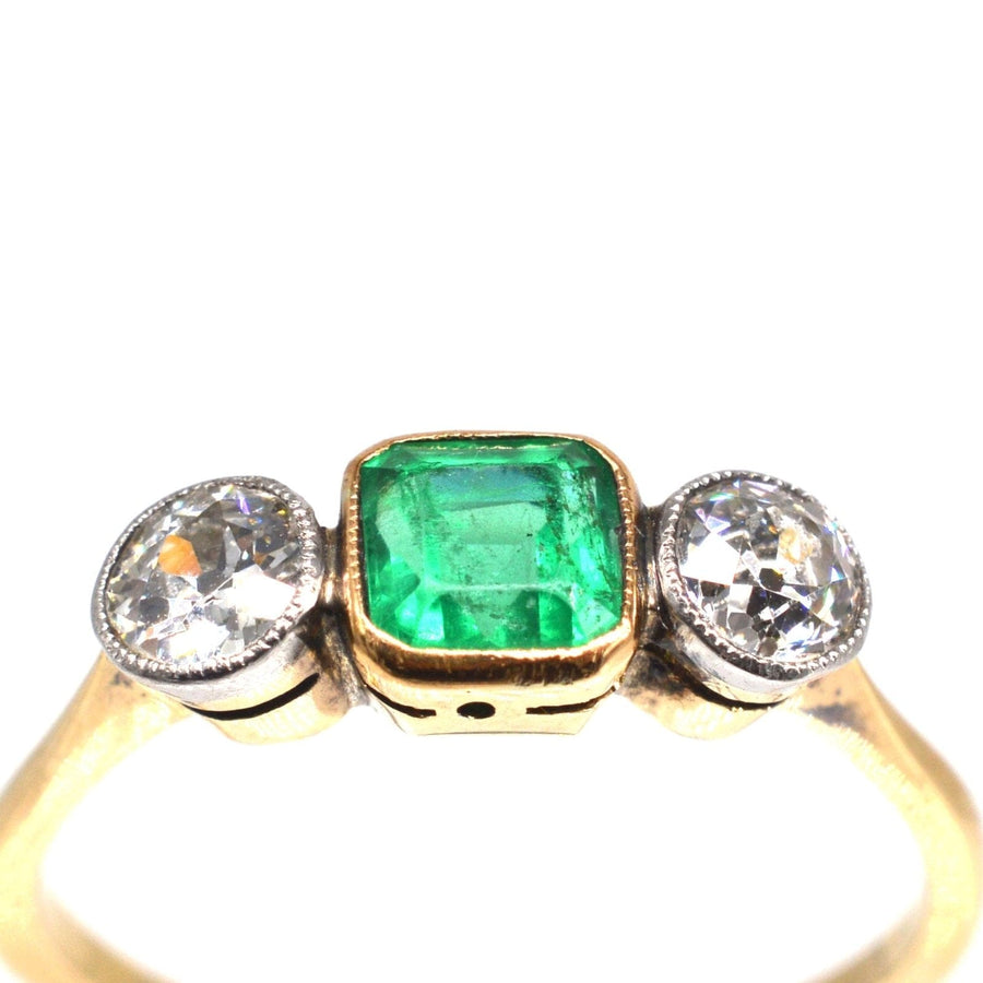 Edwardian 18ct Gold & Platinum Three Stone Emerald and Diamond Ring | Parkin and Gerrish | Antique & Vintage Jewellery