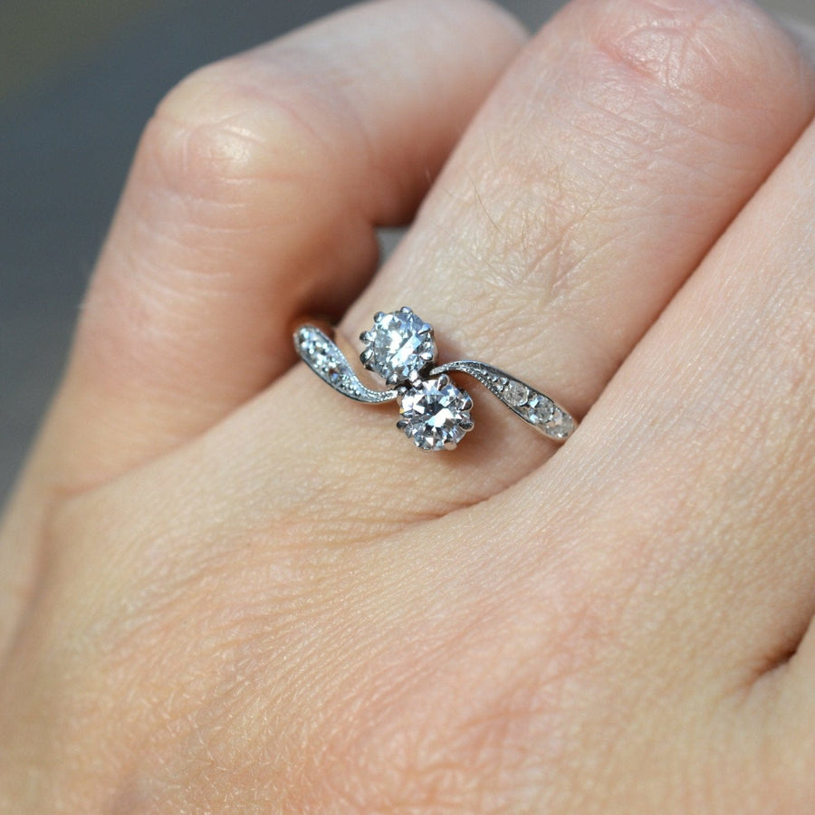 Edwardian 18ct Gold & Platinum, Two Stone Diamond 'Toi et Moi' Crossover Ring | Parkin and Gerrish | Antique & Vintage Jewellery