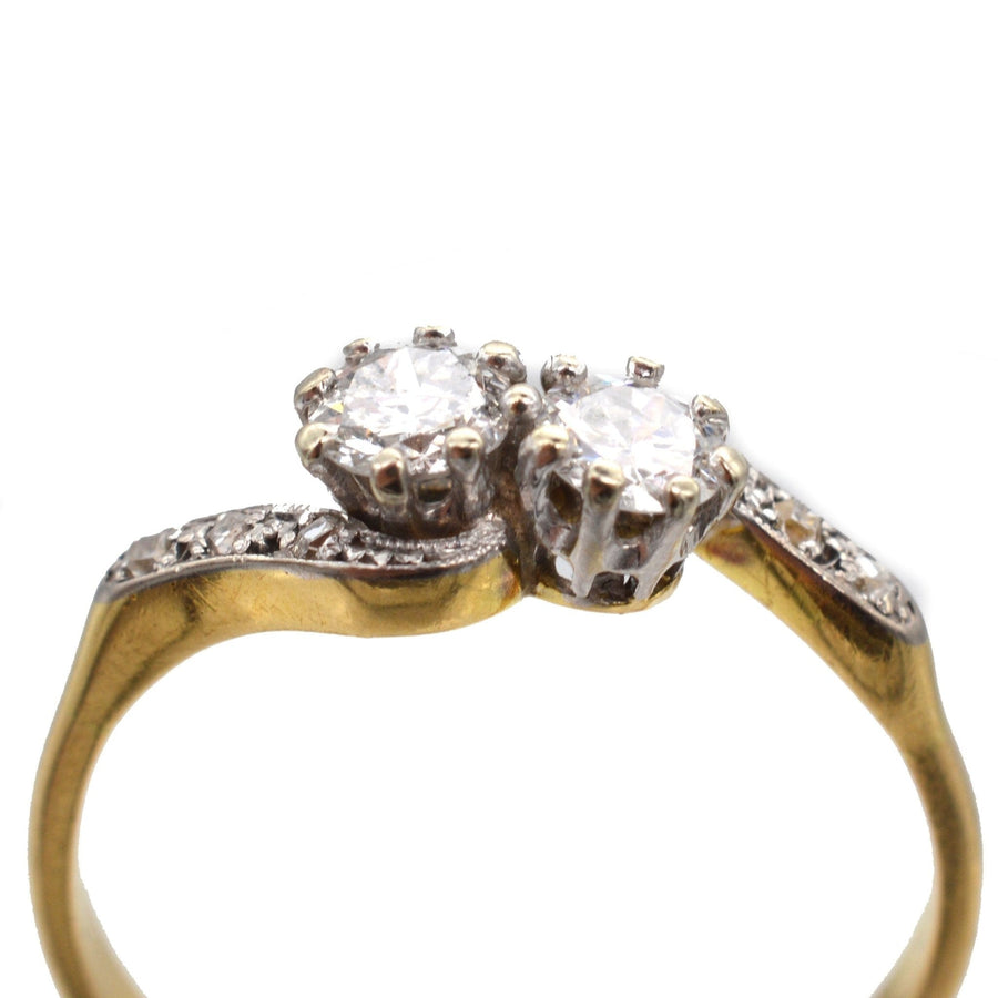 Edwardian 18ct Gold & Platinum, Two Stone Diamond 'Toi et Moi' Crossover Ring | Parkin and Gerrish | Antique & Vintage Jewellery