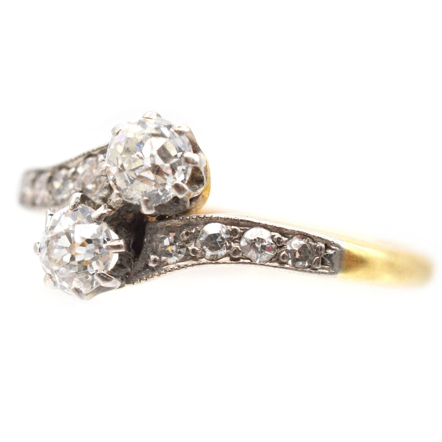 Edwardian 18ct Gold & Platinum, Two Stone Diamond 'Toi et Moi' Crossover Ring | Parkin and Gerrish | Antique & Vintage Jewellery
