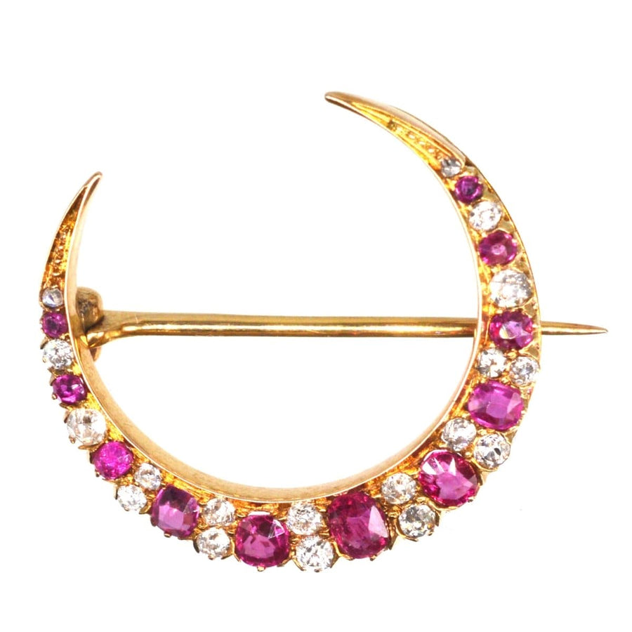 Edwardian 18ct Gold Ruby and Diamond Crescent Moon Brooch | Parkin and Gerrish | Antique & Vintage Jewellery