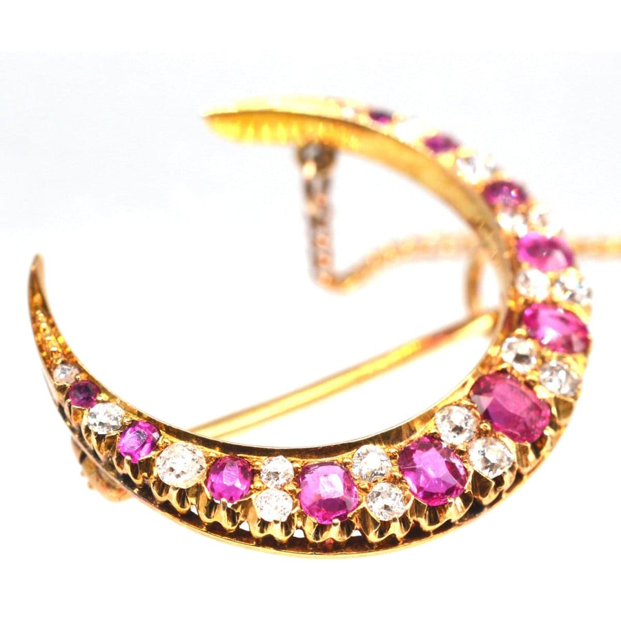 Edwardian 18ct Gold Ruby and Diamond Crescent Moon Brooch | Parkin and Gerrish | Antique & Vintage Jewellery