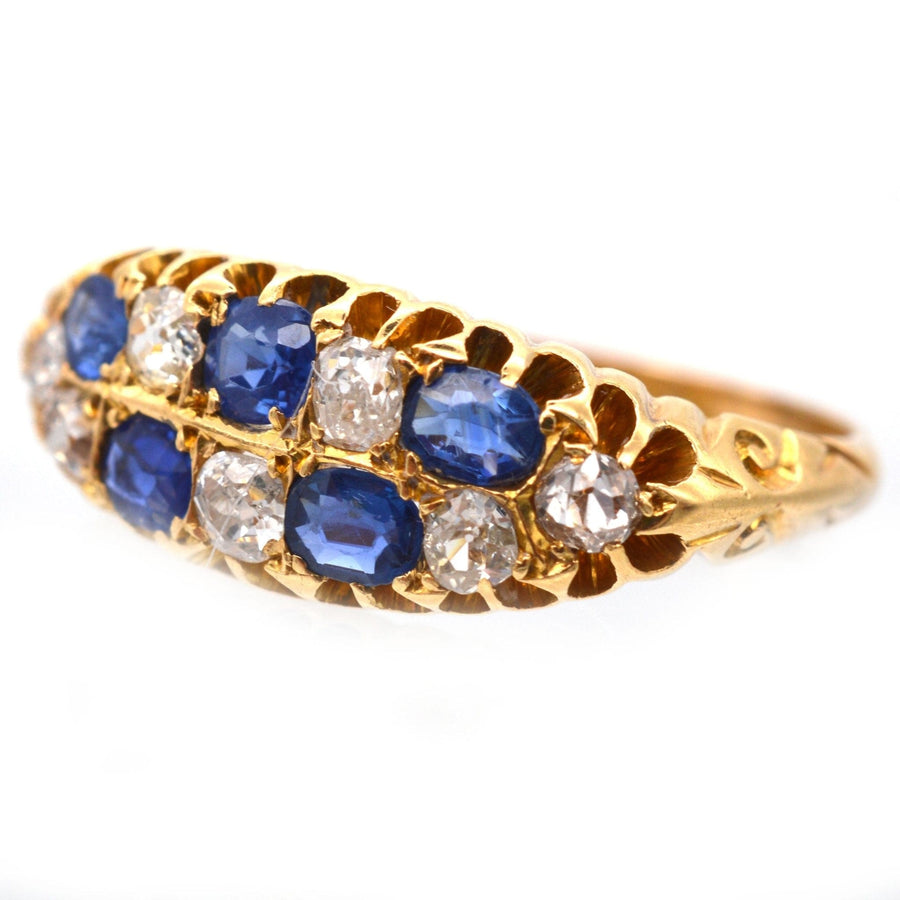 Edwardian 18ct Gold, Sapphire & Old Mine Cut Diamond Boat Shaped Chequerboard Ring | Parkin and Gerrish | Antique & Vintage Jewellery
