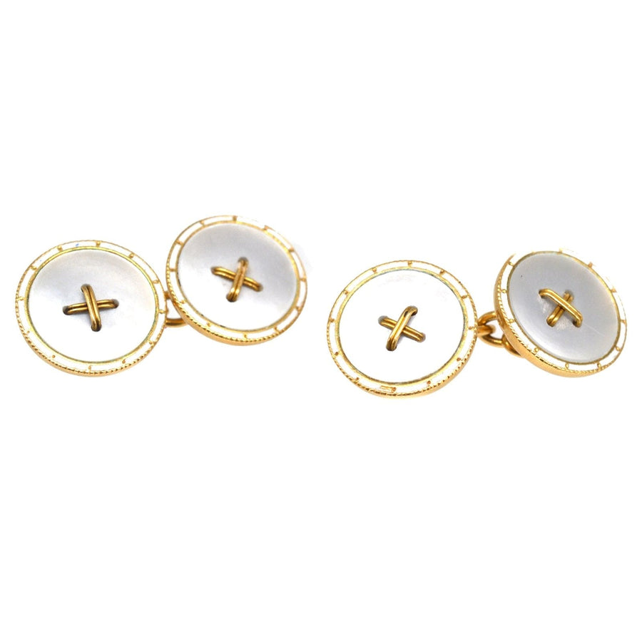 Edwardian 18ct Gold, White Enamel & Mother of Pearl Round Button Cufflinks | Parkin and Gerrish | Antique & Vintage Jewellery