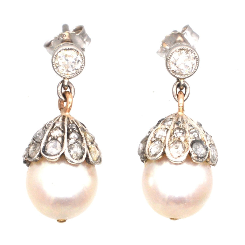 Edwardian 18ct White Gold, Cultured Pearl and Rose Diamond Acorn Earrings