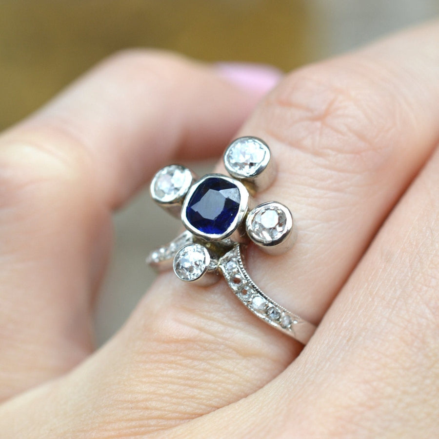 Edwardian 18ct White Gold, Sapphire and Old Mine Cut Diamond Tiara Ring | Parkin and Gerrish | Antique & Vintage Jewellery