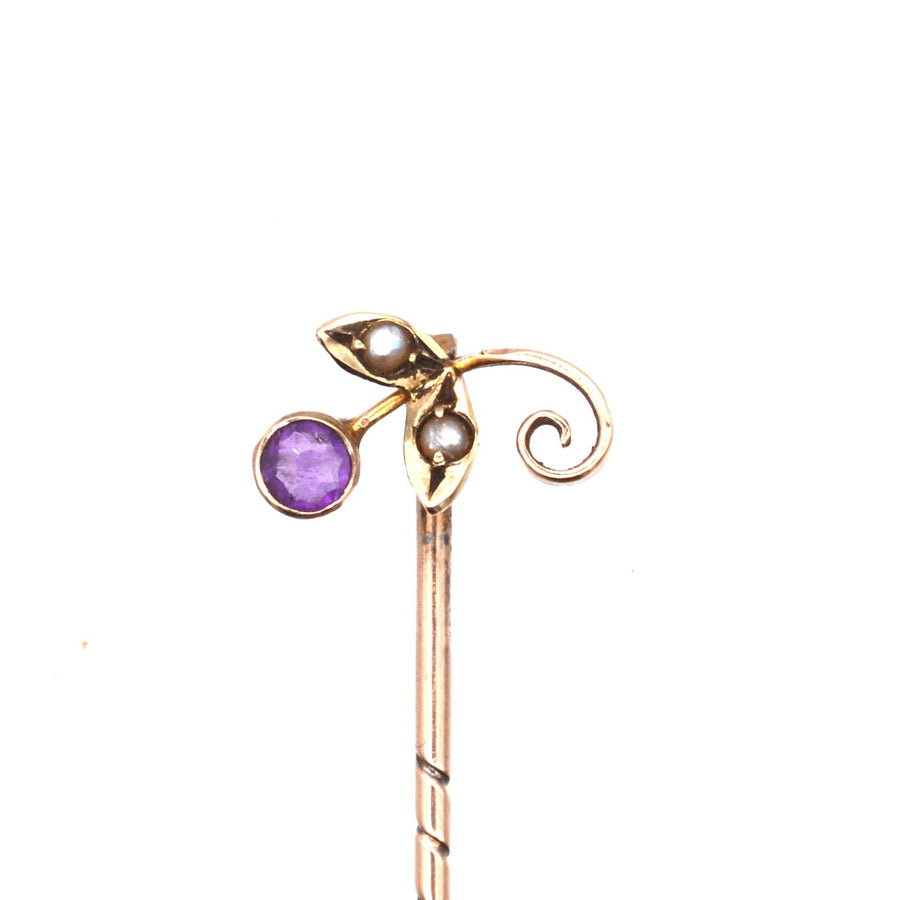 Edwardian 9ct Gold, Amethyst and Seed Pearl Flower Tie Pin | Parkin and Gerrish | Antique & Vintage Jewellery