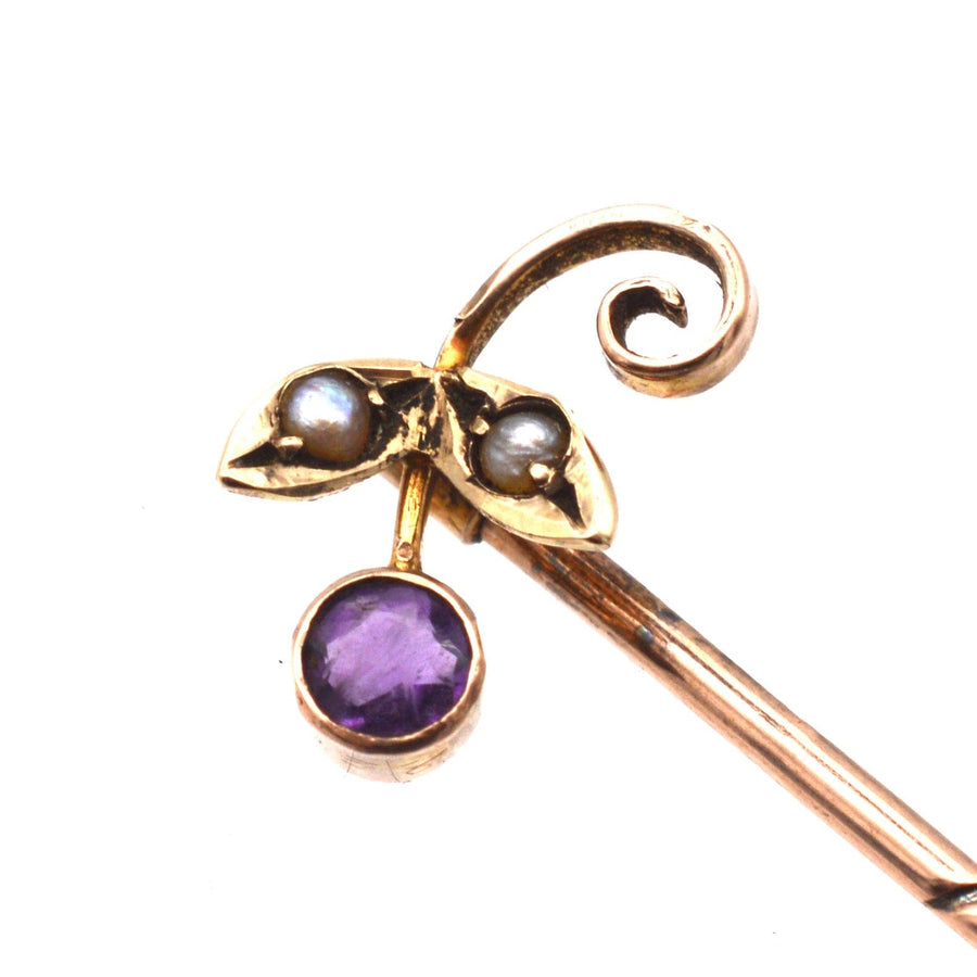 Edwardian 9ct Gold, Amethyst and Seed Pearl Flower Tie Pin | Parkin and Gerrish | Antique & Vintage Jewellery