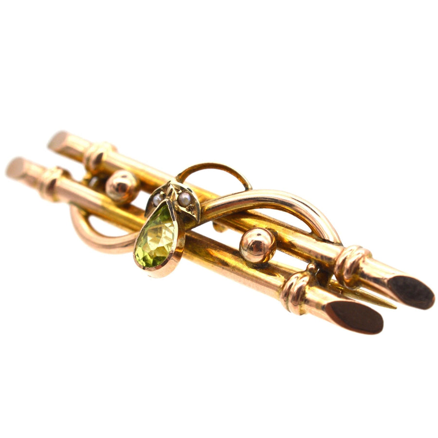 Edwardian 9ct Gold Bar Brooch with a Pear Shape Peridot & Seed Pearls | Parkin and Gerrish | Antique & Vintage Jewellery