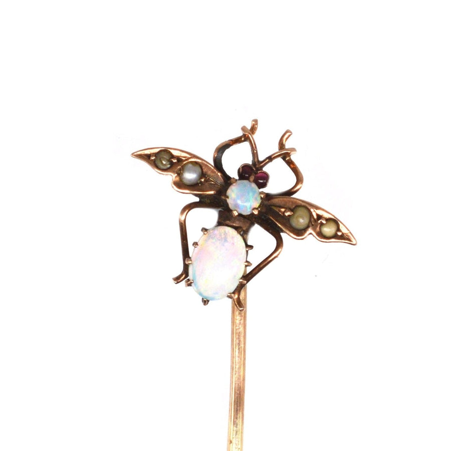 Edwardian 9ct Gold Bee (Insect Bug) Tie Pin with Opal, Seed Pearl and Garnet | Parkin and Gerrish | Antique & Vintage Jewellery