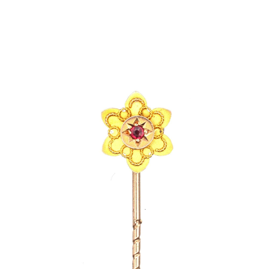 Edwardian 9ct Gold Flower Pin with a Ruby | Parkin and Gerrish | Antique & Vintage Jewellery
