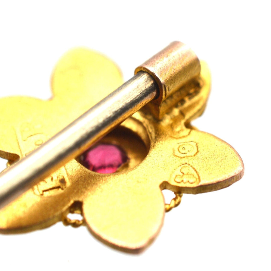Edwardian 9ct Gold Flower Pin with a Ruby | Parkin and Gerrish | Antique & Vintage Jewellery