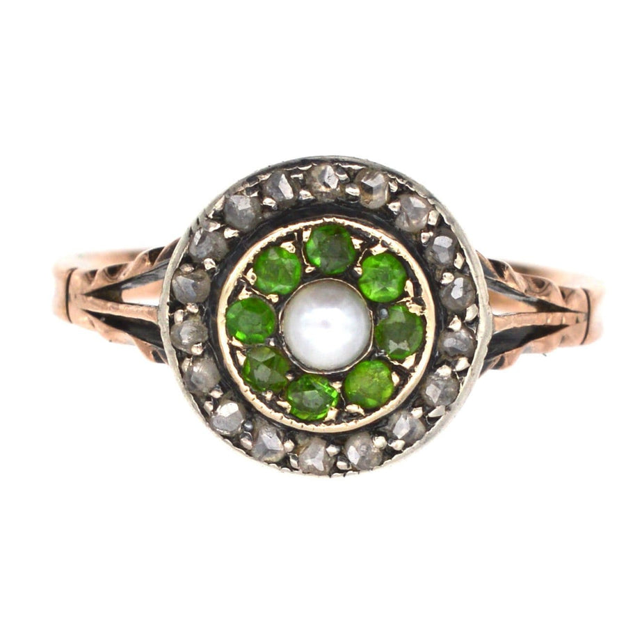 Edwardian 9ct Gold, Green Garnet, Diamond & Pearl Target Ring | Parkin and Gerrish | Antique & Vintage Jewellery