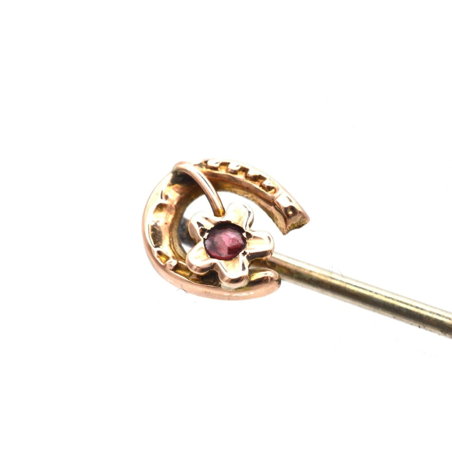 Edwardian 9ct Gold Horseshoe and flower with a Garnet Tie Pin | Parkin and Gerrish | Antique & Vintage Jewellery