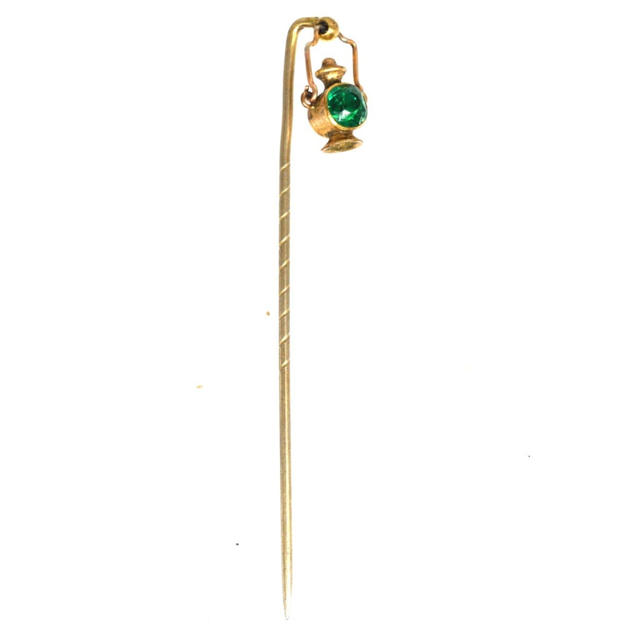 Edwardian 9ct Gold Old Railway Signal Lamp Tie Pin with Green Light (Paste) | Parkin and Gerrish | Antique & Vintage Jewellery