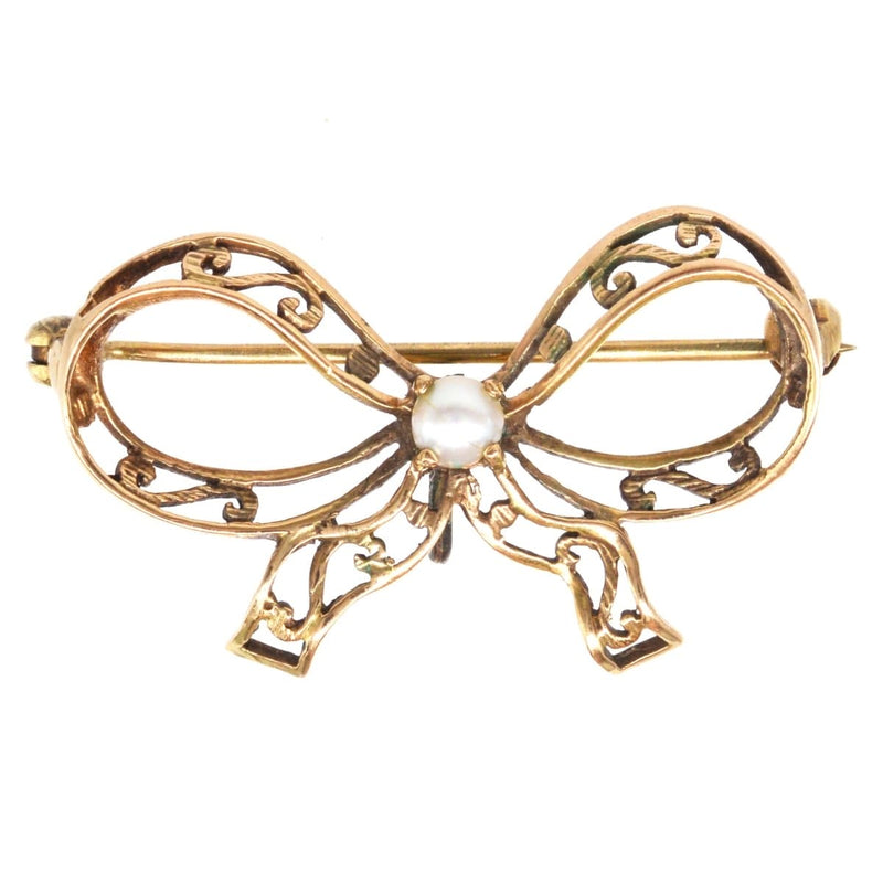Edwardian 9ct Gold, Pearl and Gold bow Brooch