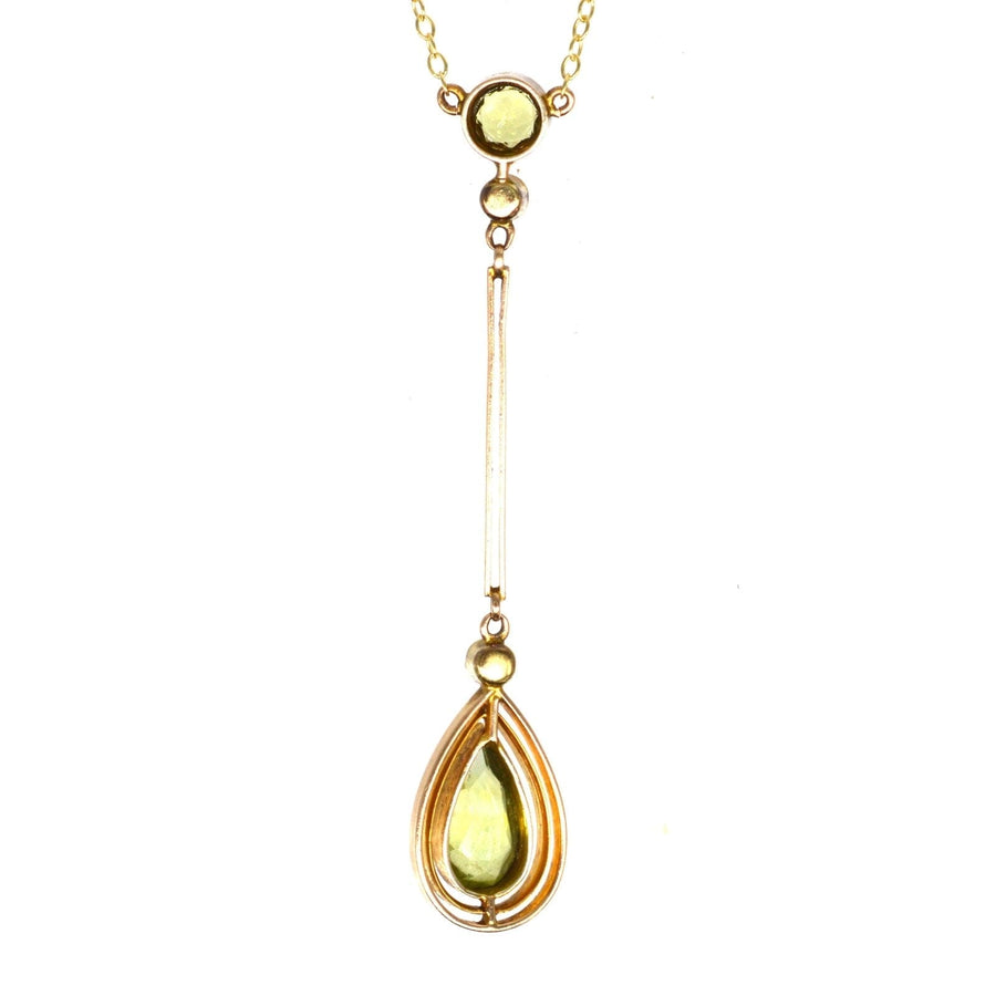Edwardian 9ct Gold Peridot and Pearl Drop Pendant on Chain | Parkin and Gerrish | Antique & Vintage Jewellery