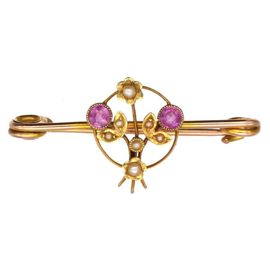 Edwardian 9ct Gold, Pink Sapphire and Natural Split Pearl Brooch | Parkin and Gerrish | Antique & Vintage Jewellery