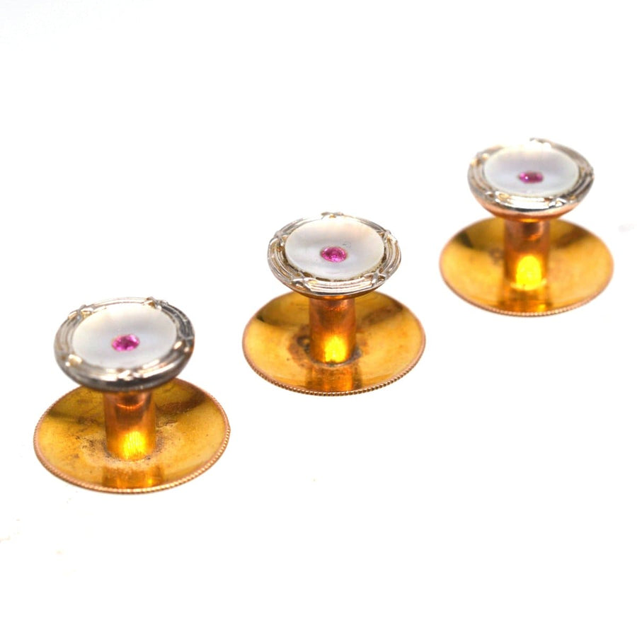 Edwardian 9ct Gold & Platinum, Mother of Pearl and Ruby Dress Studs | Parkin and Gerrish | Antique & Vintage Jewellery